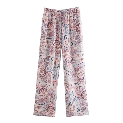 Pantaloni Gamba Larga in Raso di Poliestere con Stampa Paisley Boho Donna Vita Alta Coulisse Casual Dritti Pantaloni