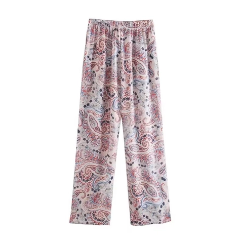 Pantaloni Gamba Larga in Raso di Poliestere con Stampa Paisley Boho Donna Vita Alta Coulisse Casual Dritti Pantaloni