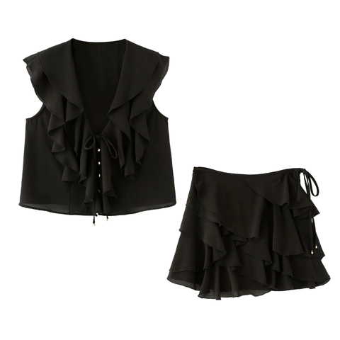 Completo Donna Casual Nero Tinta Unita Senza Maniche Scollo a V Camicetta con Volant e Minigonna a Strati Streetwear