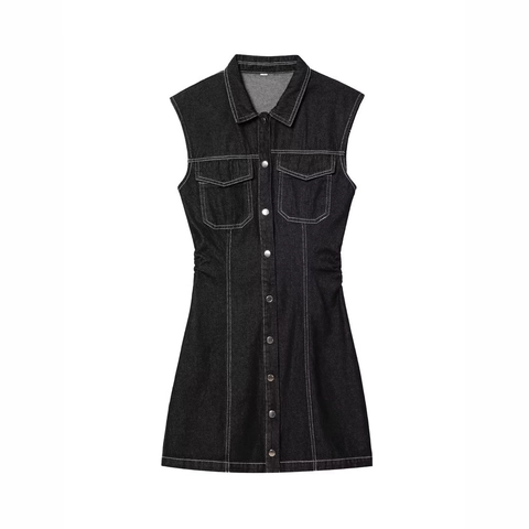 Dames Casual Mouwloos Denim Vest Jurk Contraststiksels Revers Kraag Knoopsluiting A-Lijn Slim Fit Mini Jeans Jurk Met Zakken