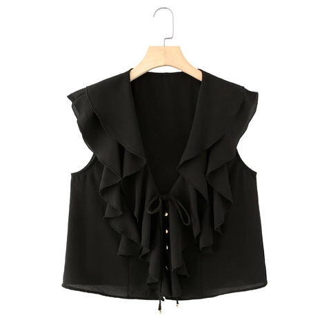 Completo Donna Casual Nero Tinta Unita Senza Maniche Scollo a V Camicetta con Volant e Minigonna a Strati Streetwear