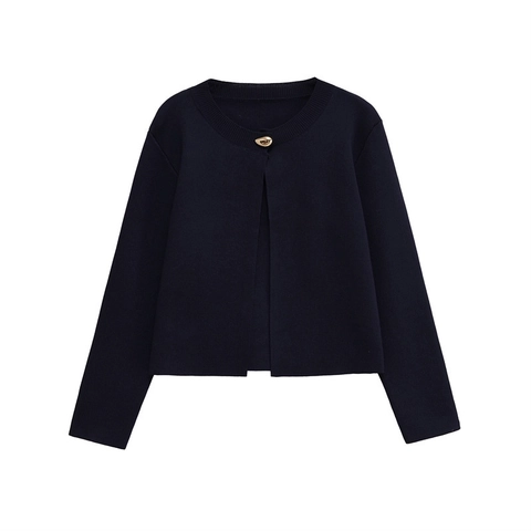 Women Minimalist Mercerized Cotton Knit Sweater Cropped Round Neck Long Sleeve Top With Gold Button Elegant Knit Cardigan