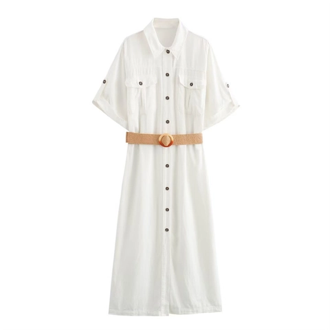 Vestido Camisero de Gasa Elegante para Mujer Con Cinturón de Paja Casual Cuello en V Utilitario Midi para Vacaciones Verano Blanco