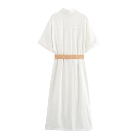 Vestido Camisero de Gasa Elegante para Mujer Con Cinturón de Paja Casual Cuello en V Utilitario Midi para Vacaciones Verano Blanco