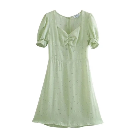 Französisches Mini Kleid Mit Blumenmuster Für Damen Puff Kurzarm V-Ausschnitt Hohe Taille Lässiges A-Linie Sommer Kleid