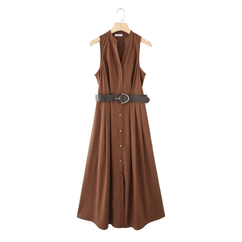Vestido Midi Elegante de Algodón Con Cuello en V Sin Mangas para Mujer Con Cinturón Color Sólido Café Línea A de un Solo Pecho