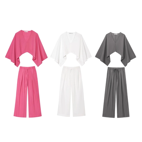 Women Casual 2-Piece Set Linen Blend V-Neck Batwing Sleeve Short Top And Wide Leg Long Pants Lounge Outfit Solid Color
