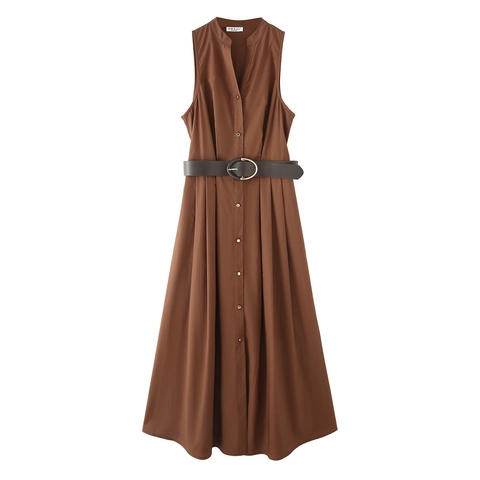 Vestido Midi Elegante de Algodón Con Cuello en V Sin Mangas para Mujer Con Cinturón Color Sólido Café Línea A de un Solo Pecho