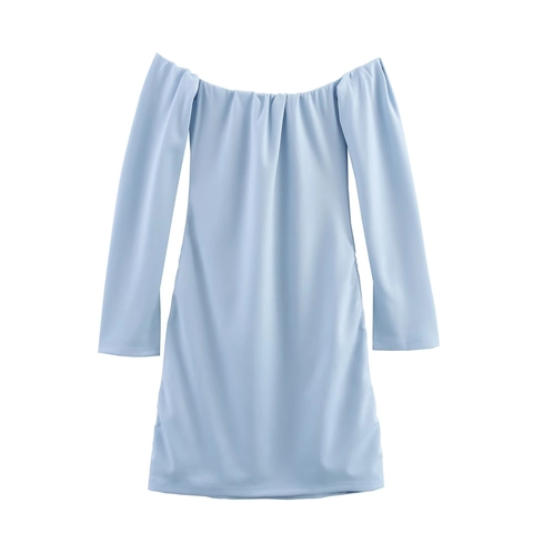 Dames Off-the-shoulder Lange Mouw Minijurk Geplooid Plissee Hemelsblauw Zomer Slim Fit Streetwear Feest Jurk