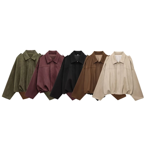Veste de Pilote en Imitation Daim pour Femmes Bomber Court Oversize Couleur Unie Fermeture Éclair Revers Épaulettes Streetwear