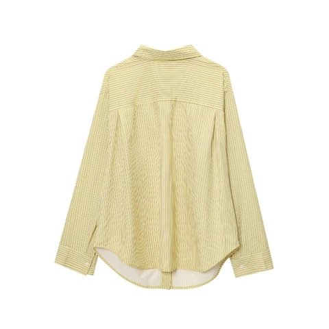 Women Casual Striped Poplin Shirt Long Sleeve Turn-down Collar Button Down Blouse With Chest Pocket Loose Fit Yellow White