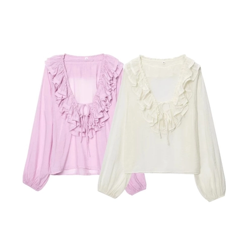 Camicetta in Chiffon Retro Francese con Volant per Donna Elegante Top a Strati con Manica a Lanterna Tinta Unita Pullover Dolce
