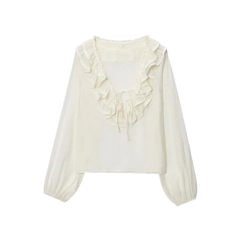 Camicetta in Chiffon Retro Francese con Volant per Donna Elegante Top a Strati con Manica a Lanterna Tinta Unita Pullover Dolce