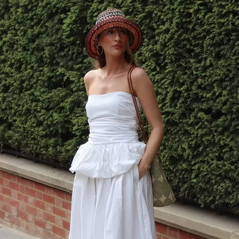 Top de Tubo Sexy Blanco Sin Tirantes para Mujer con Detalles Fruncidos y Dobladillo Peplum Verano Casual Sin Mangas Color Sólido