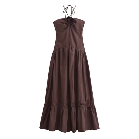 Vestido Maxi Halter para Mujer Algodón Color Sólido Decoración de Flores 3D Espalda Fruncida Dobladillo con Volantes Elegante
