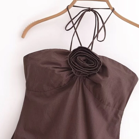 Vestido Maxi Halter para Mujer Algodón Color Sólido Decoración de Flores 3D Espalda Fruncida Dobladillo con Volantes Elegante