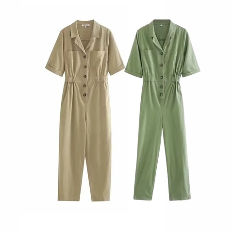Tuta Intera Donna Casual Manica Corta Abbottonata Revers Vita Elastica Tinta Unita Texture Cotone Lino Salopette