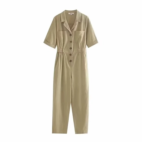 Tuta Intera Donna Casual Manica Corta Abbottonata Revers Vita Elastica Tinta Unita Texture Cotone Lino Salopette