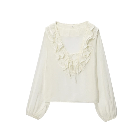 Blouse en Chiffon Rétro Français à Volants pour Femme Élégant Top Superposé Manches Lanterne Couleur Unie Pull-over Doux