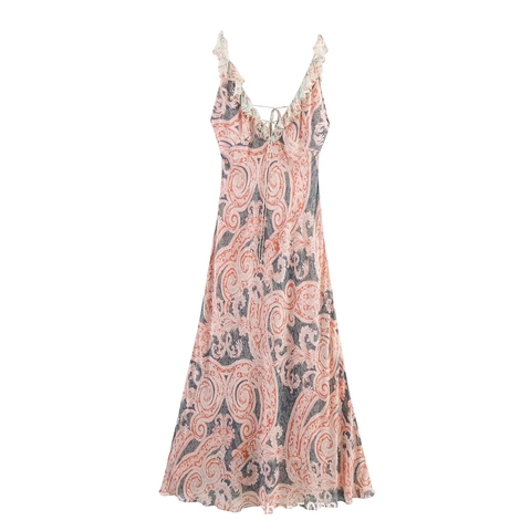 Women's Bohemian Paisley Print V-Neck Maxi Dress Ruffle Sleeveless Backless Lace-Up Summer Beach Vacation A-Line Dress