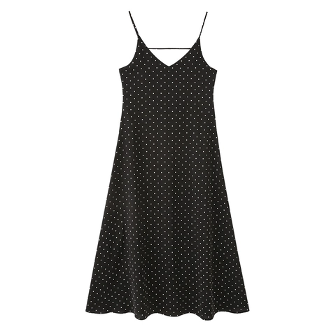 Damen Französische Retro Polka Dot V-Ausschnitt Camisole Maxi Kleid Elegant A-Linie Ärmellos Sommerurlaub Fließendes Langes Kleid