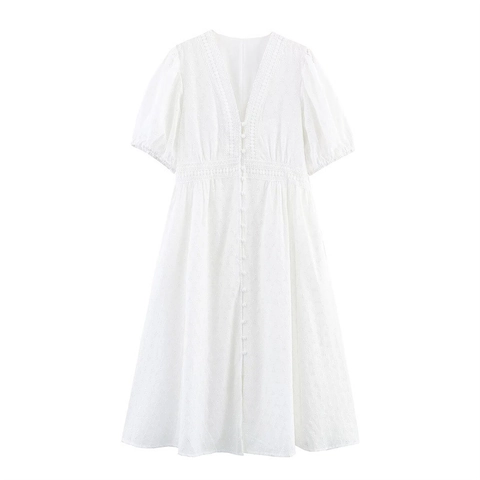 Vestito Midi Bianco in Cotone Ricamato Stile Francese Vintage Elegante Scollo a V Manica Corta Pizzo Vestito Donna