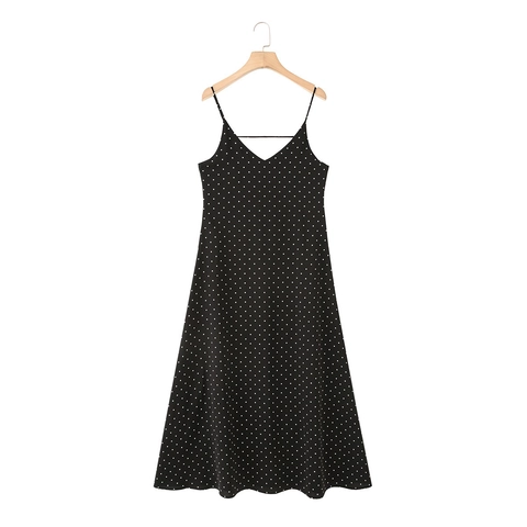 Damen Französische Retro Polka Dot V-Ausschnitt Camisole Maxi Kleid Elegant A-Linie Ärmellos Sommerurlaub Fließendes Langes Kleid