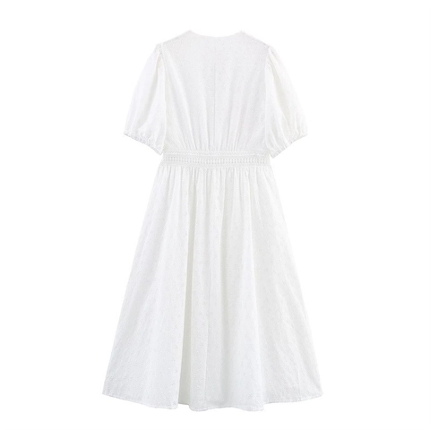 Vestito Midi Bianco in Cotone Ricamato Stile Francese Vintage Elegante Scollo a V Manica Corta Pizzo Vestito Donna