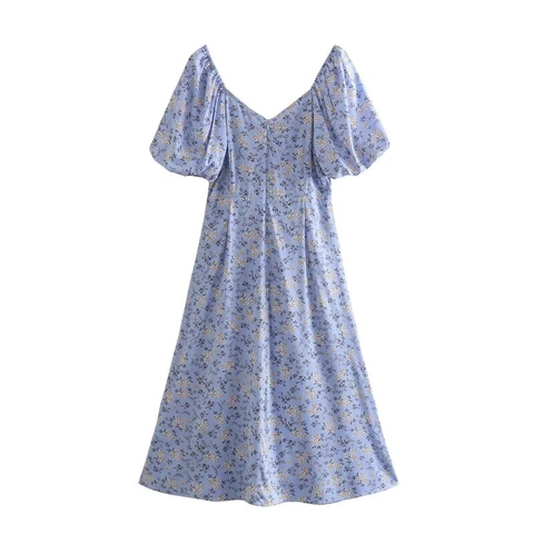 French Style Floral Puff Sleeve V-Neck Midi Dress For Women Elegant A-Line Rayon Twill Summer Beach Party Dress
