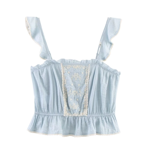 Franse Vintage Lichtblauw Geborduurde Camisole Top Voor Dames Ruffles Dubbele Schouderband Gesmokte Zomer Casual Tank Top