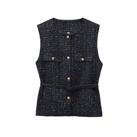 Damen Elegant Tweed Weste Mit Gürtel Metallknöpfe Promi Stil Rundhals Ärmellos Herbst Mode Oberteil