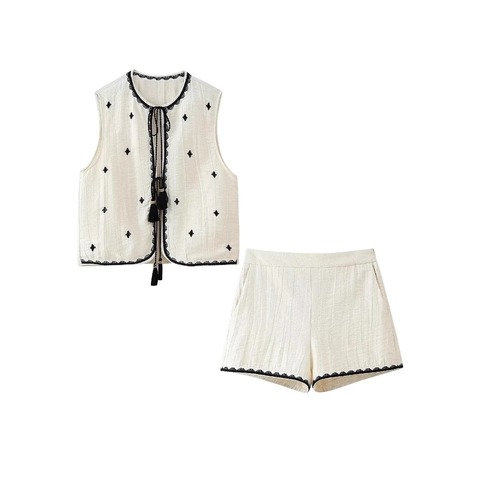 Set Gilet E Pantaloncini Ricamati Bohemien Da Donna Scollo A V Senza Maniche Con Nappe Top Casual Vita Alta Stile Etnico Due Pezzi