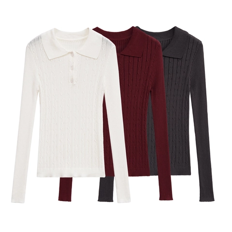 Pullover Polo da Donna a Maniche Lunghe con Trecce Slim Fit Top in Maglia a Costine Tinta Unita Casual Autunno Inverno
