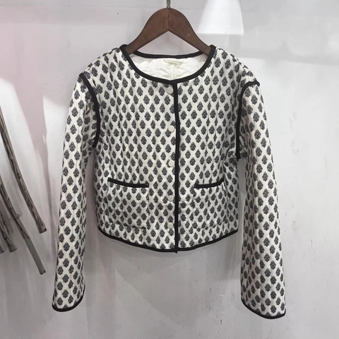 Chaqueta Acolchada con Estampado Floral Vintage para Mujer Ribete en Contraste Abrigo Acolchado Corto Casual Cuello Redondo Manga Larga