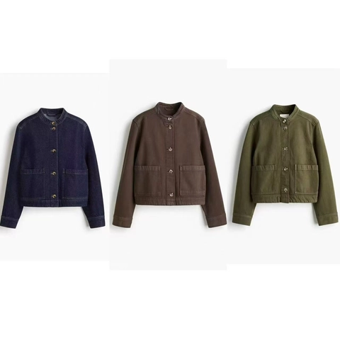 Women's Loose Denim Utility Jacket Stand Collar Long Sleeve Button Up Coat With Large Patch Pockets Casual Spring Outerwear