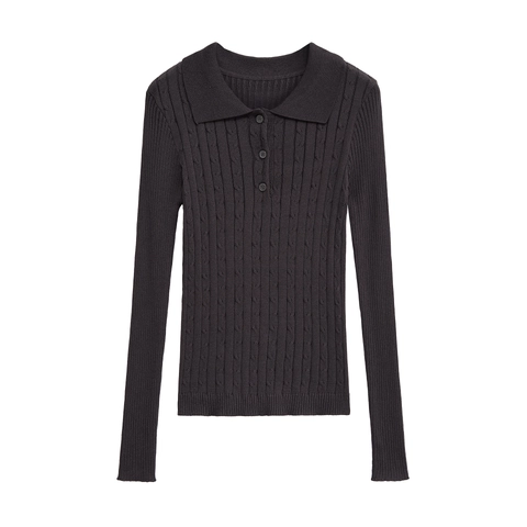 Pullover Polo da Donna a Maniche Lunghe con Trecce Slim Fit Top in Maglia a Costine Tinta Unita Casual Autunno Inverno