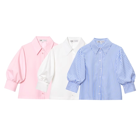 Dames Pofmouwen Overhemd Polo Kraag Gestreepte Effen Kleur Blouse Lantaarnmouwen Casual Zomer Top Elegant Kantoorhemd