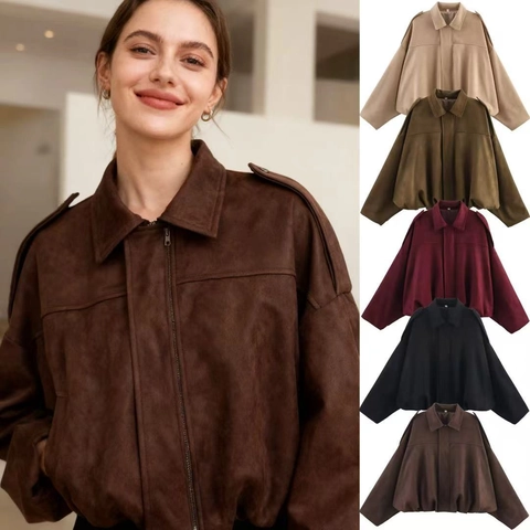 Women's Faux Suede Pilot Jacket Oversized Short Bomber Coat Solid Color Zipper Lapel Epaulets Streetwear Casual Outerwear