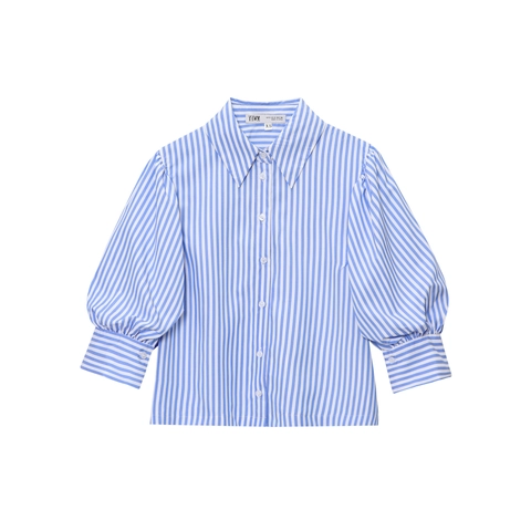 Dames Pofmouwen Overhemd Polo Kraag Gestreepte Effen Kleur Blouse Lantaarnmouwen Casual Zomer Top Elegant Kantoorhemd