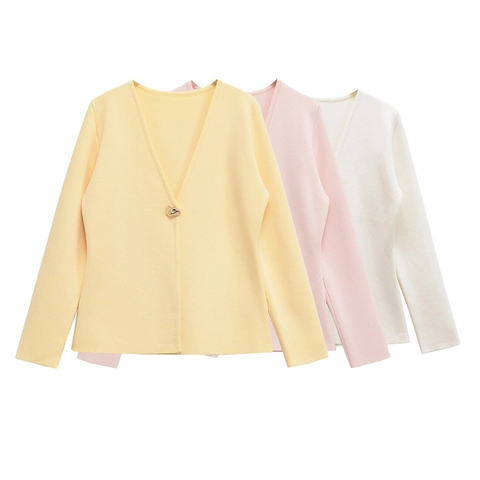Damen V-Ausschnitt Strickjacke Merzerisierte Baumwolle Langarm Pullover Einfarbig Einziger Goldener Knopf Elegant Herbst Top