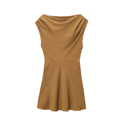 Damen Elegant Braunes Ärmelloses Minikleid Wasserfallausschnitt A-Linie Satin-Textur Sommer Party Kleid Für Damen