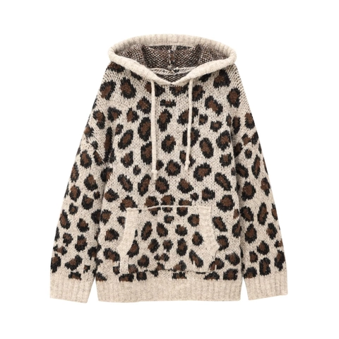 Women's Casual Leopard Print Hooded Knitted Sweater Loose Long Sleeve Pullover Autumn Winter Animal Pattern Knitwear Hoodie Top