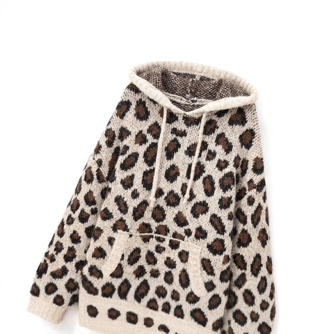 Women's Casual Leopard Print Hooded Knitted Sweater Loose Long Sleeve Pullover Autumn Winter Animal Pattern Knitwear Hoodie Top