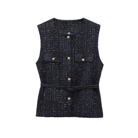 Gilet en Tweed Élégant pour Femmes Avec Ceinture Boutons Métalliques Style Célébrité Col Rond Sans Manches Mode Automne