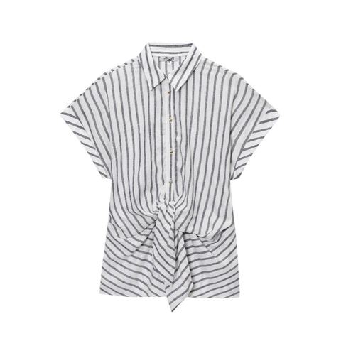 Camicia Donna Casual a Righe Manica Corta Con Orlo Annodato Colletto a Revers Monopetto Blusa in Misto Cotone e Lino Top Estivo