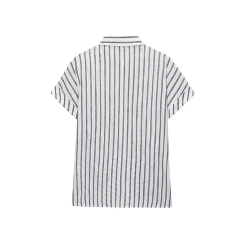 Camicia Donna Casual a Righe Manica Corta Con Orlo Annodato Colletto a Revers Monopetto Blusa in Misto Cotone e Lino Top Estivo