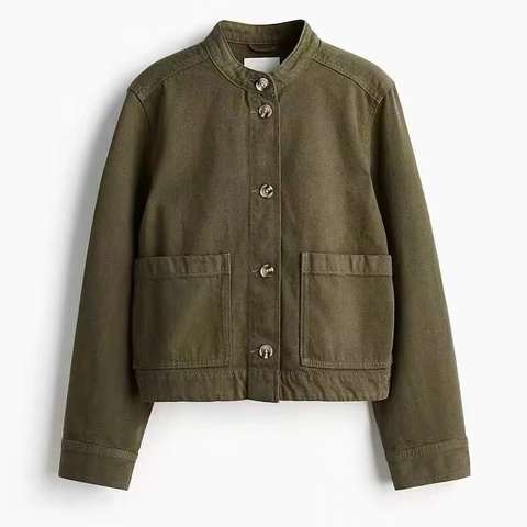 Women's Loose Denim Utility Jacket Stand Collar Long Sleeve Button Up Coat With Large Patch Pockets Casual Spring Outerwear