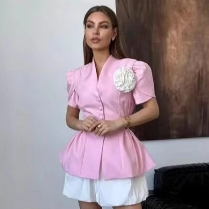 Damen Eleganter Kurzarm Schößchen Top V-Ausschnitt Puffärmel Handgefertigte Blume Taillierte Weste Stil Bluse Sommer Mode Streetwear