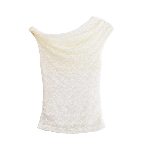 Top da Donna Elegante Monospalla in Pizzo Asimmetrico Traforato Senza Maniche Pullover Tinta Unita Slim Fit Top Moda Estiva