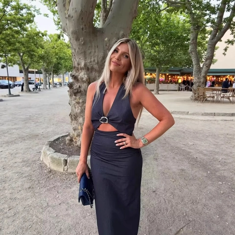 Women Halter V Neck Cutout Ruched Slim Fit Maxi Dress Metal Buckle Denim Look Elegant Streetwear Party Evening Vestidos